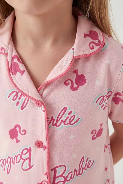 Fuşya (4-12 Yaş) Baskılı Kısa Kol Ön Düğmeli Göz Bandı Detaylı Kız Çocuk Pijama Takım 453259