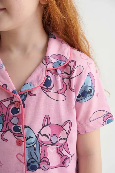 Fuşya (4-12 Yaş)Karakter  Baskılı Kısa Kol Ön Düğmeli Göz Bandı Detaylı Kız Çocuk Pijama Takım 453246