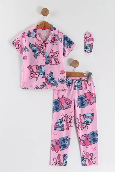 Fuşya (4-12 Yaş)Karakter  Baskılı Kısa Kol Ön Düğmeli Göz Bandı Detaylı Kız Çocuk Pijama Takım 453246