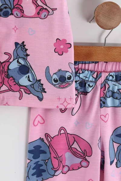 Fuşya (4-12 Yaş)Karakter  Baskılı Kısa Kol Ön Düğmeli Göz Bandı Detaylı Kız Çocuk Pijama Takım 453246