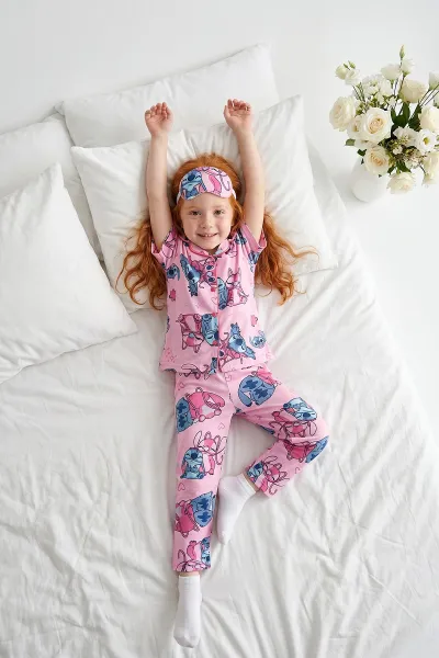 Fuşya (4-12 Yaş)Karakter  Baskılı Kısa Kol Ön Düğmeli Göz Bandı Detaylı Kız Çocuk Pijama Takım 453246