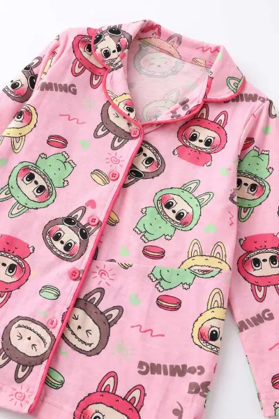 Fuşya (4-12 Yaş)Karakter Desenli   Uzun Kol  Ön Düğmeli  Kız Çocuk Pijama Takım 500679