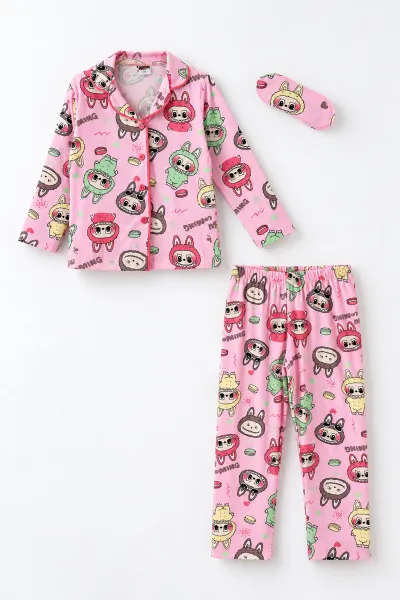 Fuşya (4-12 Yaş)Karakter Desenli   Uzun Kol  Ön Düğmeli  Kız Çocuk Pijama Takım 500679