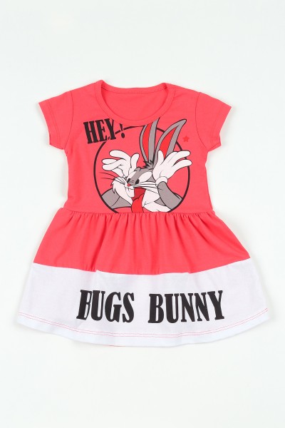 Fuşya (4-8 yaş) Bugs Bunny Baskılı Beli Lastikli Kız Çocuk Elbise 108782