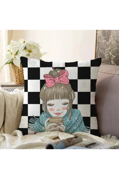 Siyah 43x43 Dijital Baskılı Fermuarlı Modern Kırlent Kılıfı 272875