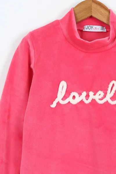 Fuşya (5-12 Yaş) Lovely  Nakışlı Yarım Balıkçı Yaka Kadife Kız Çocuk Sweat 410600
