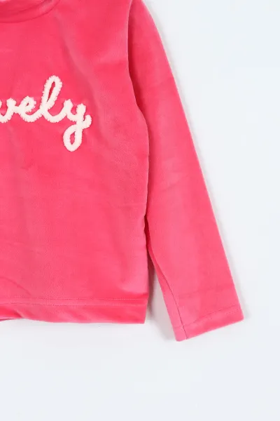Fuşya (5-12 Yaş) Lovely  Nakışlı Yarım Balıkçı Yaka Kadife Kız Çocuk Sweat 410600