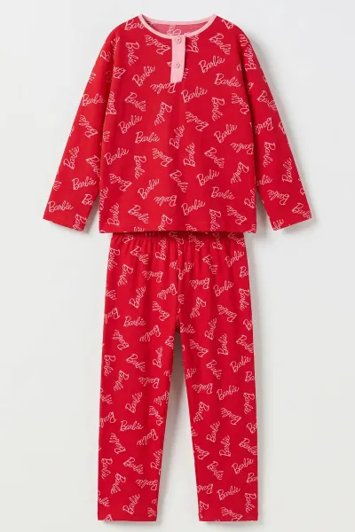 Fuşya (6-14 Yaş) Desenli Yakadan Yarım Düğmeli  Süprem Kumaş Kız Çocuk Pijama Takımı 487225