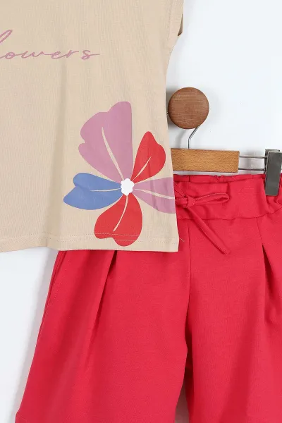 Fuşya (6-14 Yaş) Flowers Baskılı Şortlu Kız Çocuk Yazlık Takım 342565
