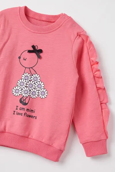 Fuşya (6-24 Ay) Çiçek Baskılı Fırfırlı Penye Kız Bebek Takım 485395