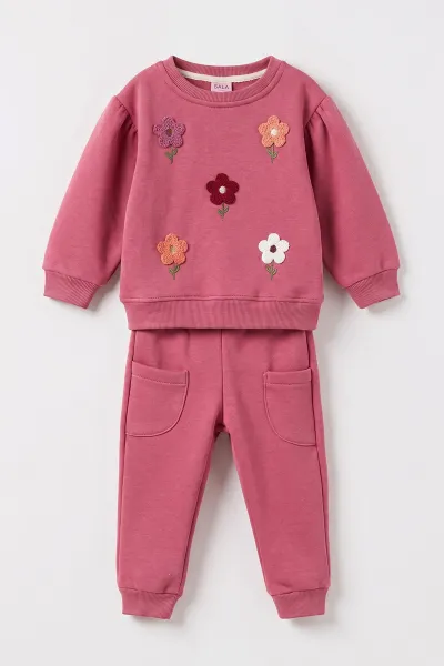 Fuşya (6-24 Ay) Papatya Nakışlı   3 İp Şardonlu Kız Bebek Kışlık Takım 497253