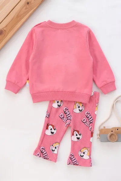 Fuşya (6-24 Ay) Sincap Baskılı Sweat ve Fitilli İspanyol Paça  Taytlı   Kız Bebek 2'li  Takım 472658