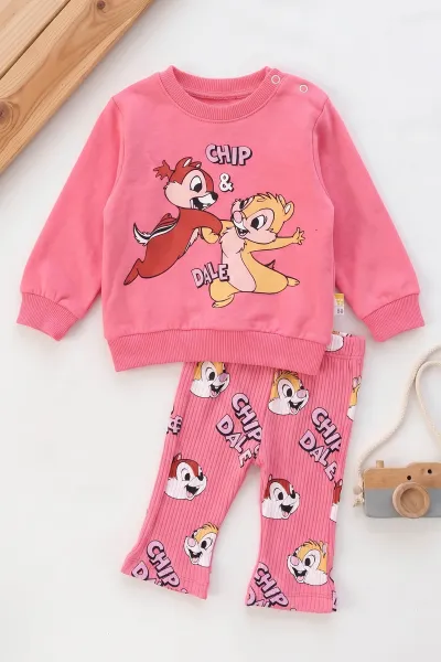 Fuşya (6-24 Ay) Sincap Baskılı Sweat ve Fitilli İspanyol Paça  Taytlı   Kız Bebek 2'li  Takım 472658
