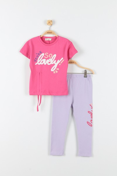 Fuşya (6-9 Yaş) Lovely Baskılı Önden Büzgülü Kız Çocuk Takım 174608