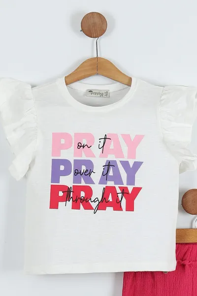 Fuşya (6-9 Yaş) Pray Baskılı Bürümcük Pantolonlu Kız Çocuk Takım 283730