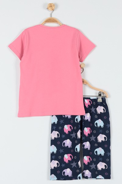 Fuşya (7-9 Yaş) Yıldız Fil Baskılı Kaprili KIz Çocuk Pijama Takımı 182016