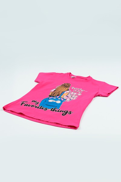Fuşya (9-12 Yaş) Baskılı Kız Çocuk Tişört 105287