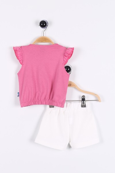 Fuşya (9-24 Ay) Çiçek Dokuma Desenli Cep Detaylı Şortlu Kız Bebe Takım 175950