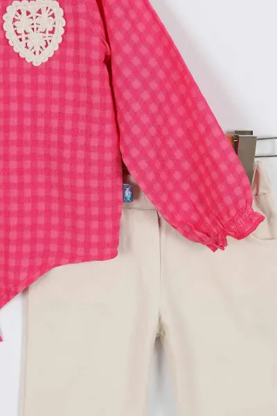 Fuşya (9-24 Ay) Kalp  Nakışlı Keten Pantolonlu Kız Bebek 2'li Takım 335478