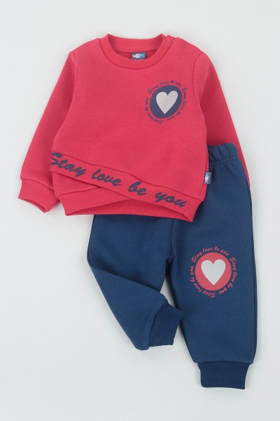 Fuşya (9-24 Ay) Stay Love Kalp Baskılı Üç İp Şardonlu Kız Çocuk Takım 136611
