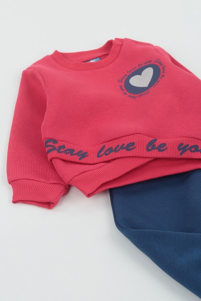 Fuşya (9-24 Ay) Stay Love Kalp Baskılı Üç İp Şardonlu Kız Çocuk Takım 136611