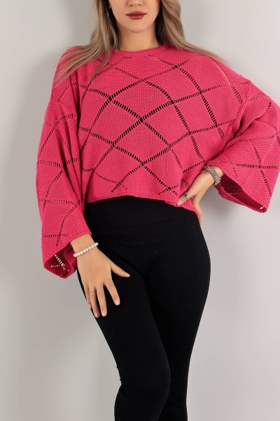 Fuşya Ajurlu Crop Triko Kazak 137482