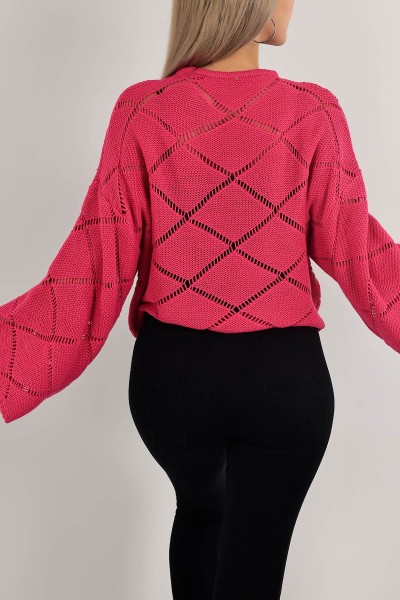 Fuşya Ajurlu Crop Triko Kazak 137482
