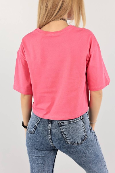 Fuşya Baskılı Crop Tişört 115294