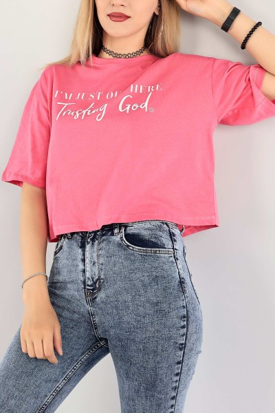 Fuşya Baskılı Crop Tişört 115294