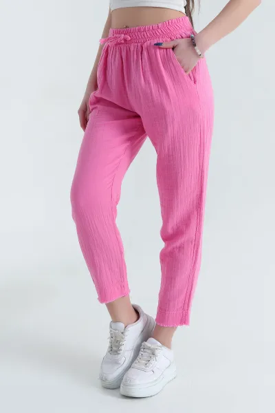 Fuşya Bel Lastikli Müslin Keten Kadın Pantolon 339874