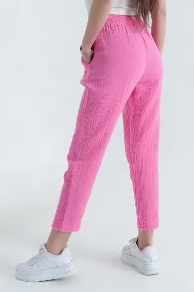 Fuşya Bel Lastikli Müslin Keten Kadın Pantolon 339874