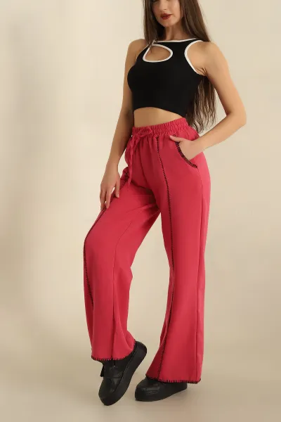 Fuşya Bel Lastikli Nakışlı Bol Paça Pantolon 270122