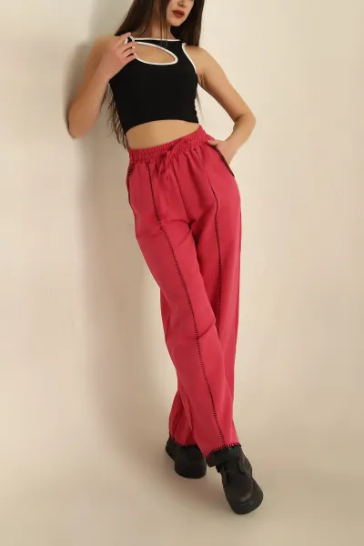 Fuşya Bel Lastikli Nakışlı Bol Paça Pantolon 270122