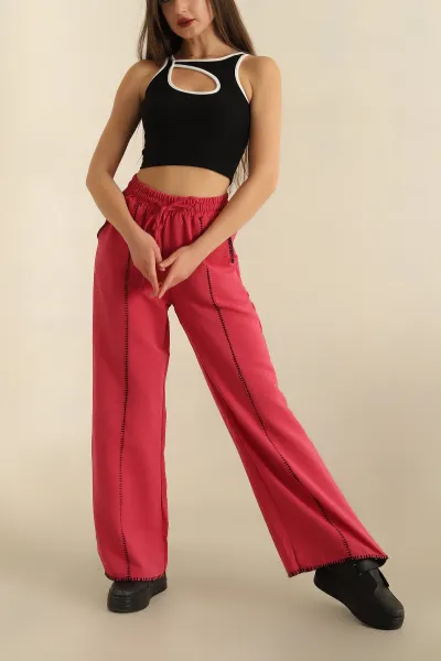 Fuşya Bel Lastikli Nakışlı Bol Paça Pantolon 270122
