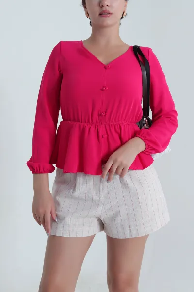 Fuşya Beli Lastikli Aerobin Kadın Bluz 481294