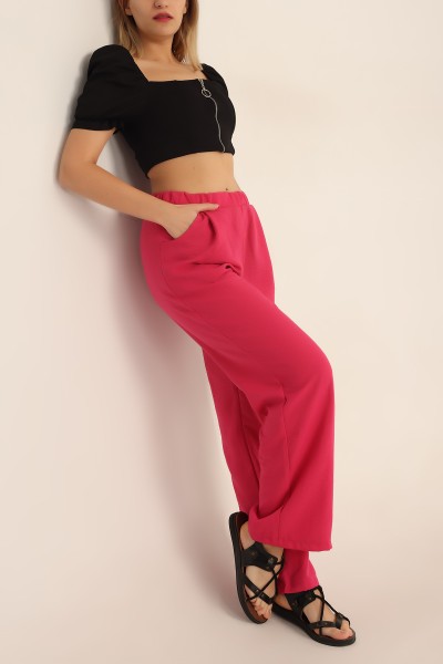 Fuşya Beli Lastikli Rahat Kalıp Keten Pantolon 186478