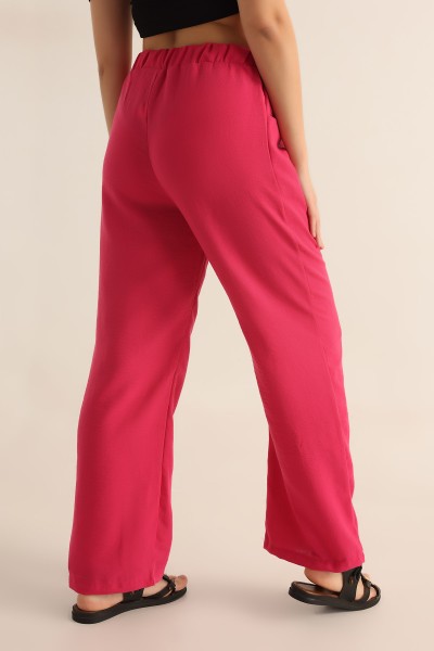 Fuşya Beli Lastikli Rahat Kalıp Keten Pantolon 186478