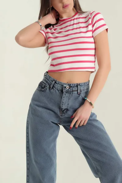 Fuşya Çizgili Likralı Crop 333899