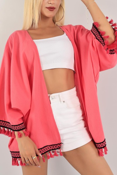 Fuşya Dantelli Keten Kimono Hırka 124770