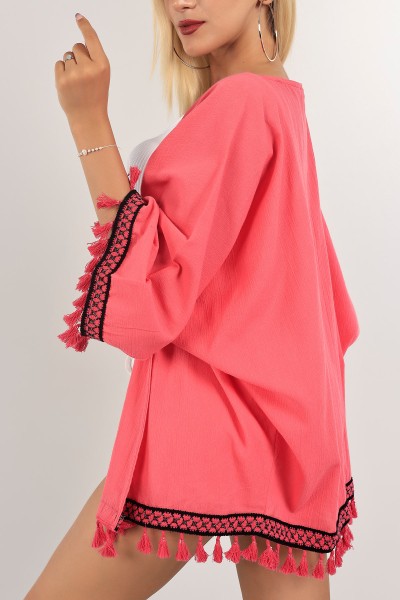 Fuşya Dantelli Keten Kimono Hırka 124770