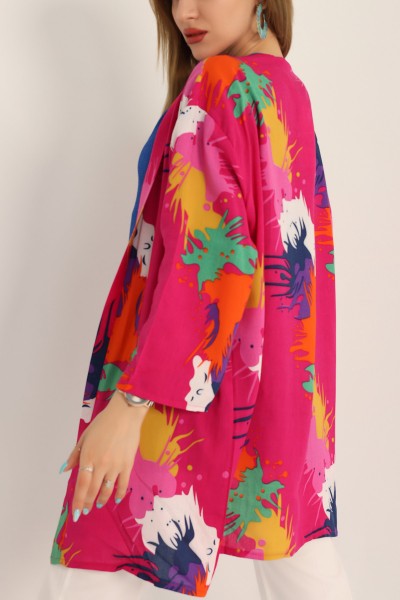 Fuşya Desenli Dokuma Viskon Kimono 173409