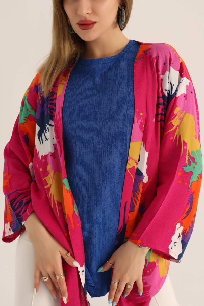Fuşya Desenli Dokuma Viskon Kimono 173409
