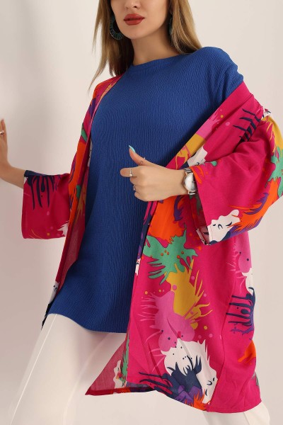 Fuşya Desenli Dokuma Viskon Kimono 173409