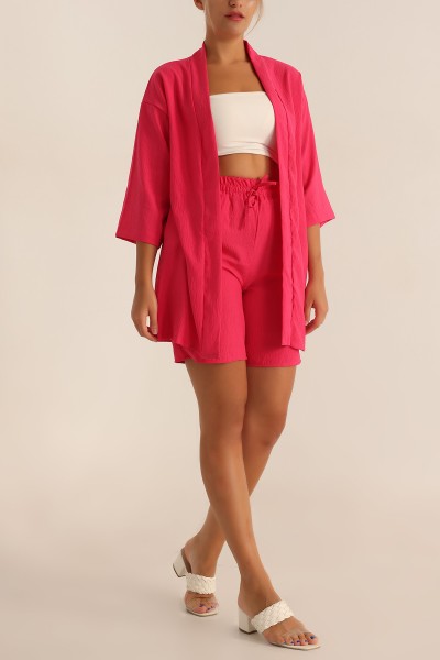 Fuşya Dokuma Şort Kimono İkili Takım 193551