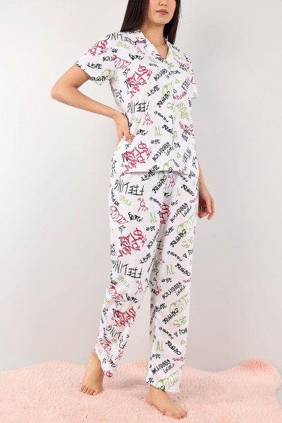 Fuşya Düğmeli Desenli Bayan Pijama Takımı 110201