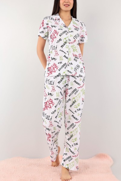 Fuşya Düğmeli Desenli Bayan Pijama Takımı 110201