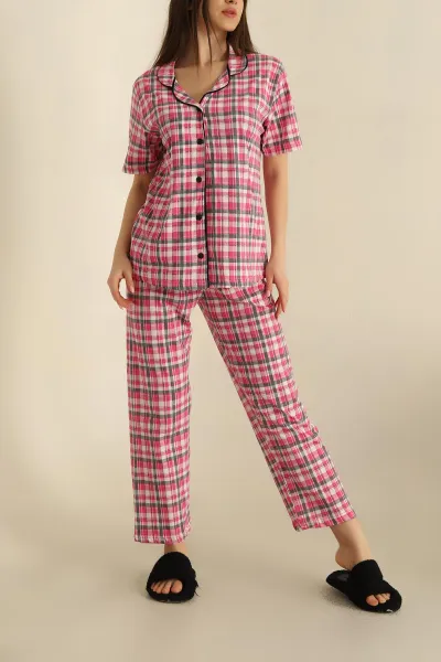 Fuşya Düğmeli Desenli Bayan Pijama Takımı 258531