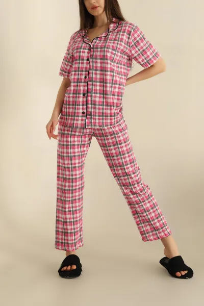 Fuşya Düğmeli Desenli Bayan Pijama Takımı 258531