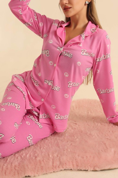 Fuşya Düğmeli Desenli Süprem Pijama Takımı 206758