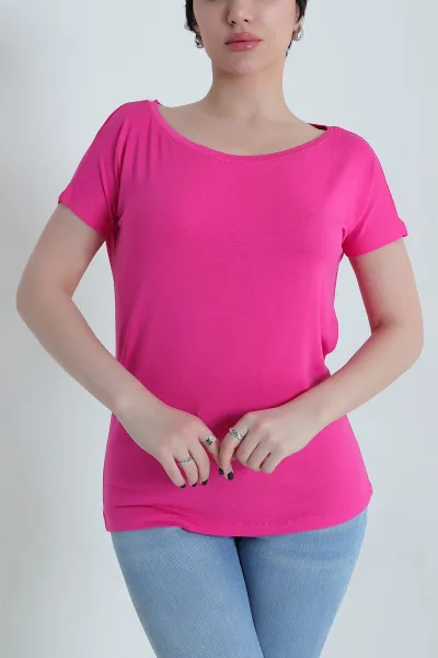 Fuşya Geniş Yaka Kadın Tişört 455061